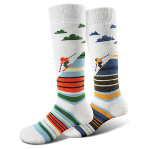 Chaussettes de ski pour sports de plein air, en coton, longues, chaudes et élastiques, pour le ski, la randonnée, quatre saisons, gris, vert, orange, à motifs - Product Image 1