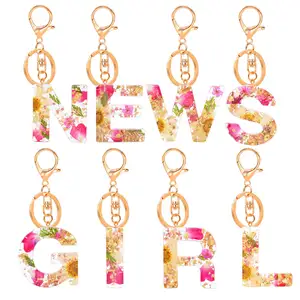 26 אנגלית שרף מכתב Keychain העשבייה מיובש פרח הבלטות ציצית אקריליק קיצור Keychain