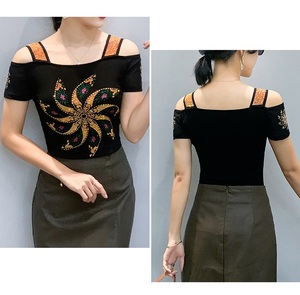 Shiny <strong>Rhinestone</strong> Off Shoulder <strong>Tops</strong> Windmill Pattern <strong>Mesh</strong> Tee <strong>Tops</strong> Nightclub Short Sleeve Shirts for Women - Product Image 5