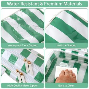 Sac cosmétique en PVC rayé vert et blanc, capacité moyenne, fermeture à glissière, poignée souple, style moderne, résistant à l'eau - Product Image 4
