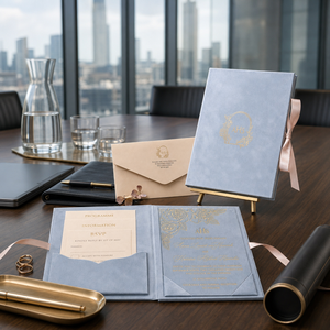 Suite d'invitations de mariage de luxe personnalisées en velours, avec menu en carton rigide doré et ruban, pour événements et banquets - Product Image 4