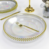 Assiettes de présentation rondes réutilisables de 13 pouces en plastique transparent avec perles dorées, durables, pour mariages et fêtes, vente en gros
