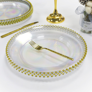 Assiettes de présentation rondes réutilisables de 13 pouces en plastique transparent avec perles dorées, durables, pour mariages et fêtes, vente en gros - Product Image 2