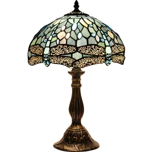 12X18 Inches Stained Glass Bedside Reading Desk Lighting Sea Blue Dragonfly Style Table Lamp Factory Wholesale Light