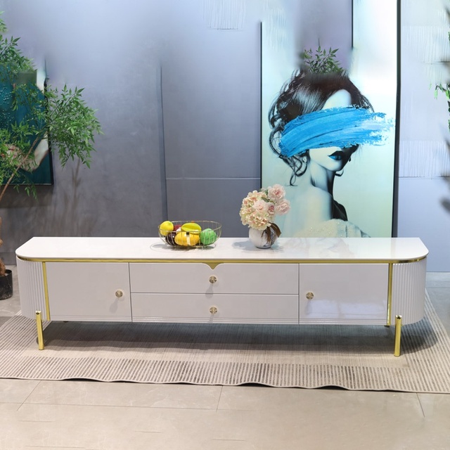 Modern Living Room White TV Stand With Storage Sintered Stone Top TV Unit Console Cabinet TV Bench