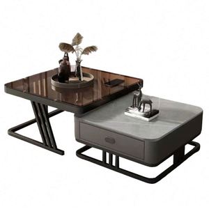 Mesa de Centro Moderna <span class=keywords><strong>para</strong></span> Sala de Estar, Diseño Minimalista, Superficie Metálica, Juego de Mesa de Centro con Base Elegante - Product Image 3