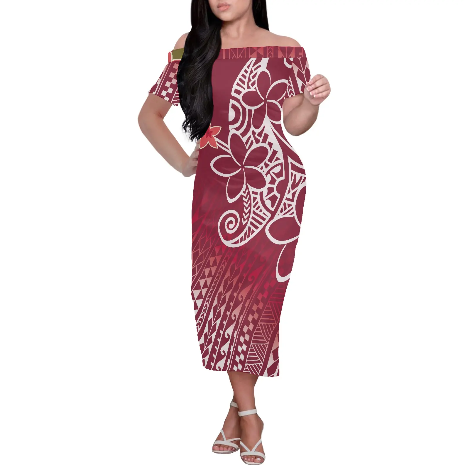 Drop Shipping 1MOQ Red Polynesian Samoan Tribal Design Korean Dresses Custom High Quality Casual Summer Off Shoulder Maxi Dress