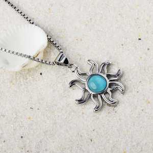 Collar con Colgante de Larimar con Diseño de Rayos de <span class=keywords><strong>Sol</strong></span> - Gema Azul Cielo y Rayos de Plata Curvos |   Joyería Casual de Verano, Regalos al por Mayor - Product Image 5