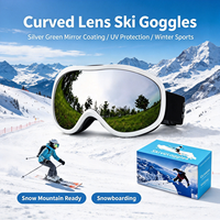 Masque de ski blanc avec monture argentée et verre miroir vert, lentille large incurvée, anti-buée, protection UV, pour snowboard, compatible avec lunettes de vue, OEM ODM