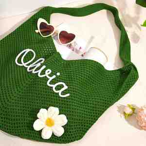 Sac fourre-tout en crochet personnalisé pour l'été, sac de plage personnalisé avec nom brodé, sac à bandoulière grande capacité pour les vacances d'été - Product Image 3