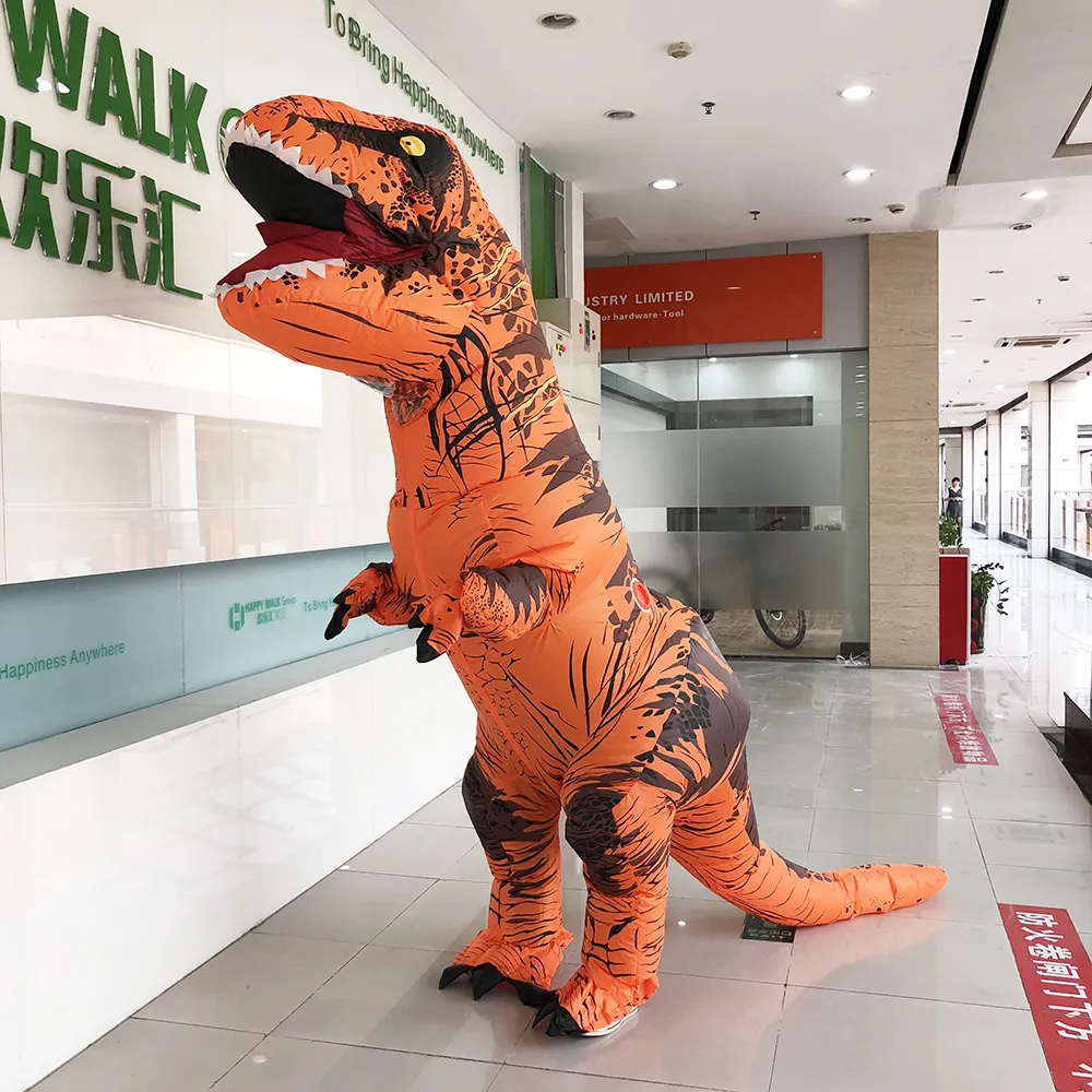 ชุดไดโนเสาร์ T-Rex เป่าลมสำหรับผู้ใหญ่,เครื่องแต่งกายทีเร็กซ์สีส้มขนาด2.2เมตร