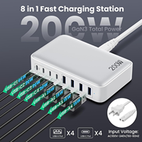 Bloc de chargeur USB C 200W, concentrateur de station de charge rapide GaN III 8 ports amélioré, adaptateur de chargeur pour ordinateur portable PD 65W