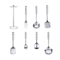 Ensemble d'ustensiles de cuisine en acier inoxydable 7 pièces Gadgets de cuisine Turner Pasta Server Louche Cuillères de service Fourchette avec porte-ustensile