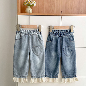 Jeans a Cuore per Bambine Primavera/Autunno, <span class=keywords><strong>Pantaloni</strong></span> Lunghi <span class=keywords><strong>Larghi</strong></span> Nuovi per Bambini, <span class=keywords><strong>Pantaloni</strong></span> Dritti a Gamba Larga, Abbigliamento Casual per Bambini - Product Image 4
