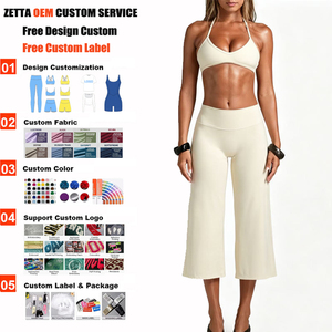 Ensemble de vêtements de sport pour femmes, fabriqué sur mesure, de haute qualité, comprenant un haut de sport dos nu et un legging évasé longueur mollet, pour la gym et le yoga. - Product Image 1