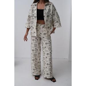 Conjunto de Pijama de Lino para Mujer, Beige, Bordado, Manga Larga, Casual, Suave, Tejido, 2 Piezas - Product Image 2
