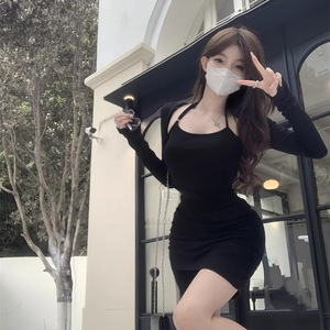 Halter Neck Long Sleeve Dress Black Asymmetric Pencil Silhouette Autumn Style Tight Fitting Short Skirt - Product Image 4