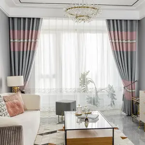 Schlafzimmer Wohnzimmer Rosa Grau Horizontal streifen Chenille Verdickter Jacquard Stitching Fertiger Vorhang