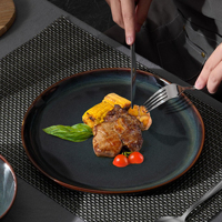 Service de table en céramique vintage vert-bleu foncé avec glaçure réactive, assiettes et bols à bord brun, ensemble de vaisselle en grès avec bol à dessert