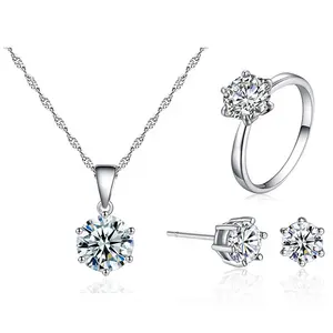 vintage luxury fashion gift 925 sterling silver moissanite jewelry set gold necklace stud earrings ring sets of wedding jewelry