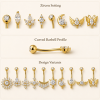 Anneaux de nombril personnalisés en zircon raffiné, barres en acier 316L de calibre 14, motifs floraux célestes assortis, style chandelier, unisexe, pour mariage