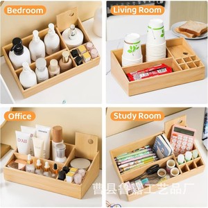 Bamboo Cosmetic Organizer <b>Box</b> With Partitions Natural Wood Color Desktop Storage For Skincare <b>Makeup</b> Products - Product Image 2