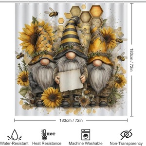 Rideau de douche en polyester motif tournesol, rideau de salle de bain imprimé numériquement, imperméable, personnalisable, ensemble de rideaux de douche modernes, vente en gros, 5 pièces - Product Image 2