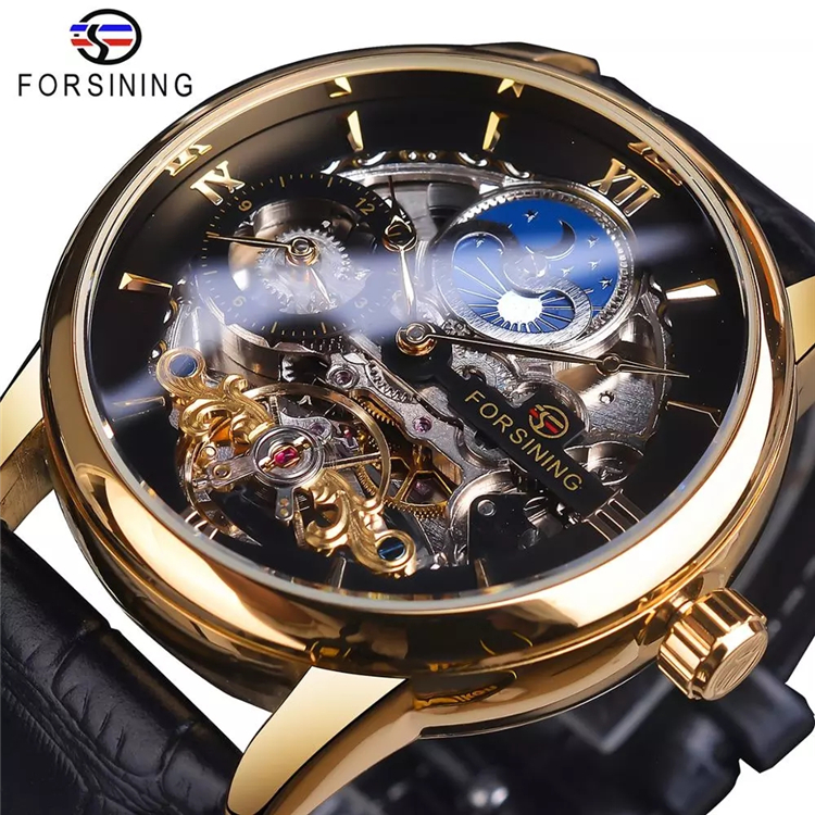 Forsining GMT1195 Dual Time Zone Watch - Black Gold Leather Band