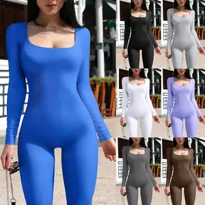 Grosir jumpsuit wanita bodysuit seksi ramping kerah persegi bergaris berulir baru dengan harga pabrik