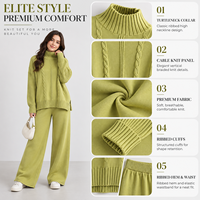 Ensemble deux pièces en tricot vert olive pour femmes FNJIA, pull à col roulé à côtes et pantalon large, vêtements décontractés, fabricant OEM personnalisé