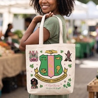 Sac fourre-tout en toile personnalisé avec logo, lettres grecques vert pomme et rose, souvenir universitaire pour sororité