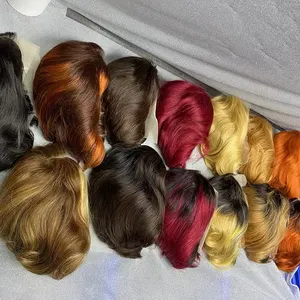 Letsfly Short Cut 13X4 Lace Frontale Pruik Pixies Braziliaanse Remy Menselijk Haar Zwart #27 Blonde Pruiken 5 Stuks Groothandel Gratis Verzending