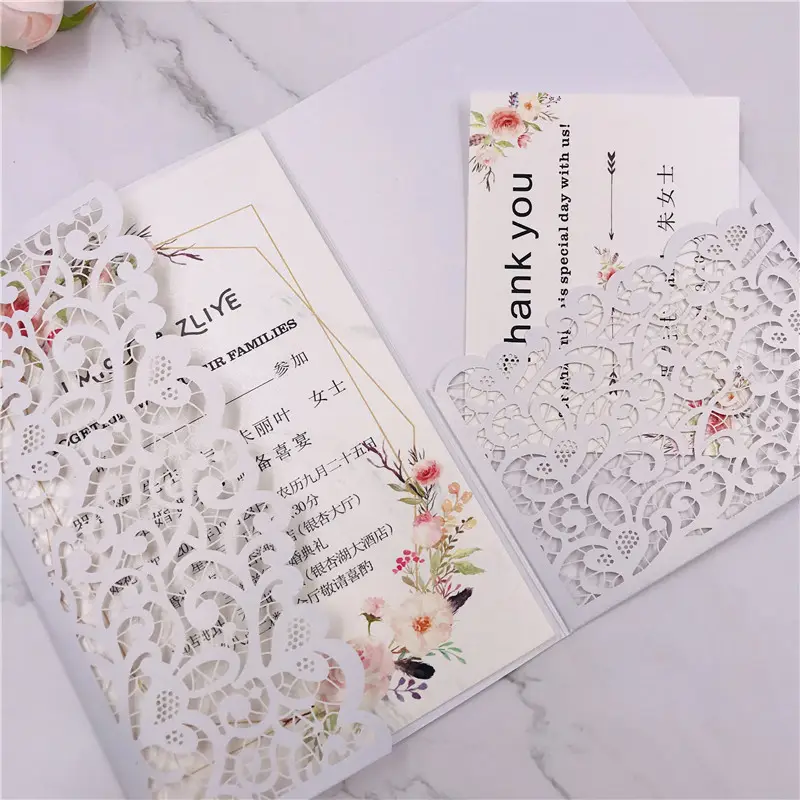 Pernikahan mewah nikmat potongan laser Cina putih undangan pernikahan saku kartu kertas