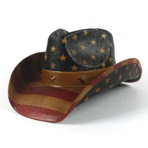 男士纸草帽牛仔帽美国美国国旗画可变形帽檐得克萨斯西部牛仔草帽男士