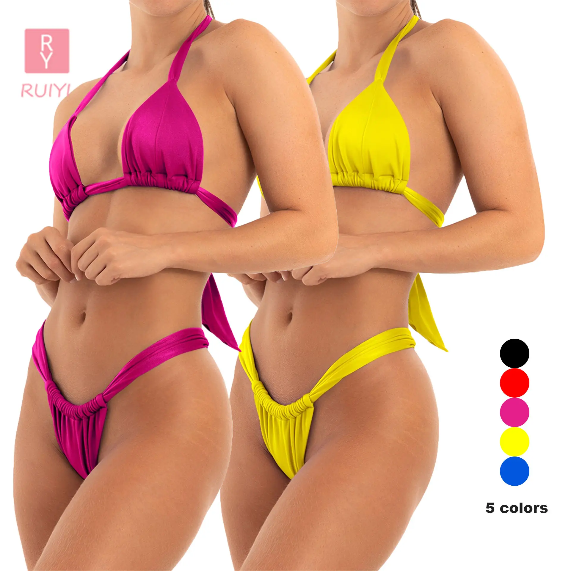 RUIYI Hot Sale Einfarbiger glänzender Stoff Halfter Bikini Split Damen Badeanzug Micro Damen Bikini Set Sexy Beach wear für Damen