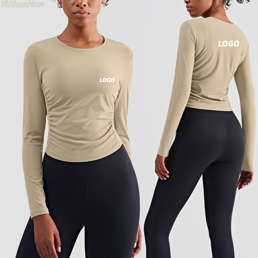 YISHENHON Women's Long Sleeve High Elastic Tight-Fitting Yoga T-Shirt Custom Wrinkled Nude Design Seamless Lightweight Wholesale