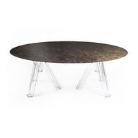 Table ovale en marbre Emperador 200x115, base transparente Ometto, table d'appoint pour salon, style farmhouse, matériau en ciment OVAL003
