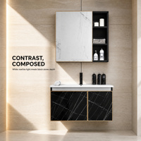 Meuble-lavabo de salle de bain suspendu en aluminium alvéolé, motif marbre, style luxe moderne, avec vasque, armoire miroir et étagères de rangement ouvertes