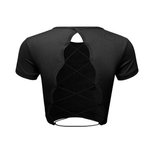 Haut court de yoga d'été personnalisable, respirant et léger, avec bretelles sexy au dos, coussinet de poitrine, manches longues, grandes tailles, coupe ajustée - Product Image 4
