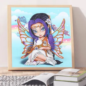 Peinture de diamant fille avec papillon en forme spéciale de diamant, art de dessin animé, mosaïque, décoration de maison