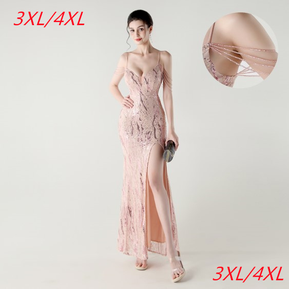 Plus Size Evening Dress With V-neck & Sequined Ball Gown Design For Adults In Floor-length Hand-sequined Fabric With Built-in Bra Support