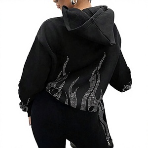 2026 New Arrival Best-Selling 3D Embroidery Rhinestone Zipper-Up Street Flame Graphic Oversized Boxy Cropped Men's Hoodie - Product Image 3