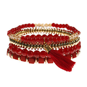 Douvei Set di 4 Braccialetti per Bambini con Pietre Naturali, Agata Rossa, <span class=keywords><strong>Guarnizione</strong></span> in Plastica Trasparente Gialla, Stile Bohémien Etnico con Lunga Nappina - Product Image 4