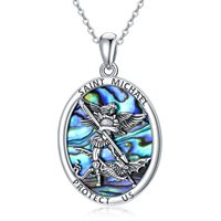 Collier pendentif ovale en argent sterling 925 gravé avec le mot Saint Michel et coquille d'ormeau, bijoux religieux