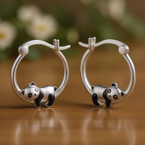 Orecchini a Cerchio con Panda Cartoon Carino, Placcati in Argento, in Lega, Unisex, Gioielli Regalo, Orecchini alla Moda - Product Image 2