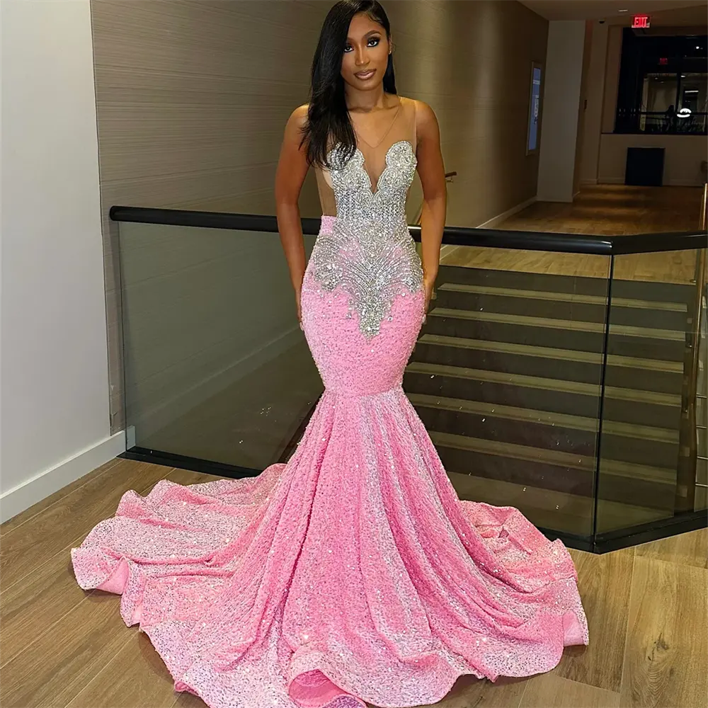 ASKW003 Luxury Beading Sequin Sleeveless Mermaid Prom Dresses Illusion Back Pink Evening Party Dresses for Women
