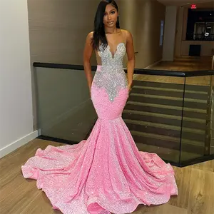 Ruolai LDC6688 Luxury Beading Sequin Sleeveless Mermaid Prom Dresses Illusion Back Pink Evening Party Dresses for Women