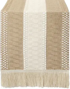 Boho Table Runner Longo para Home Decor Macramé Table Runner Creme Brown Farmhouse Table Runner com borlas para Bohemian