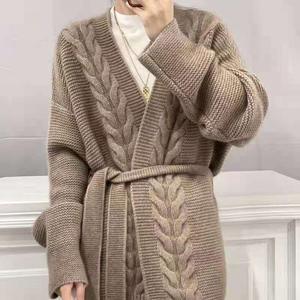 Suéter de lana 100% grueso de siete agujas para <span class=keywords><strong>mujer</strong></span>, personalizado, informal, antiarrugas, de longitud media, sin botones, holgado y de punto largo. - Product Image 6