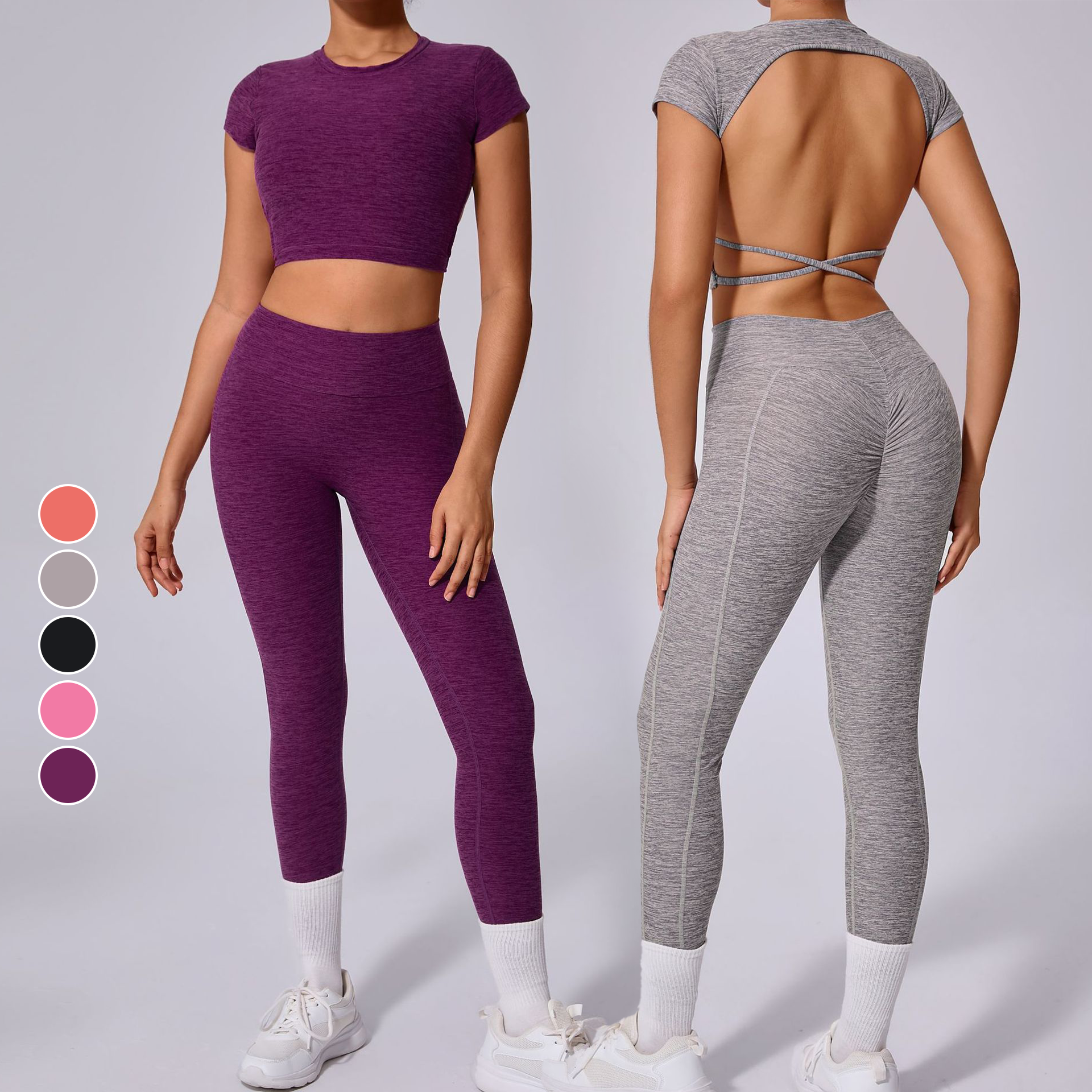 Ladies Cross-Shape Yoga Set Quick-Drying Fitness Outerwear Beautiful Back Short Sleeve Lightweight High Waist Leggings